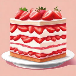 A detailed illustration of a dessert from bottom to top: a layer of diced strawberries, followed by a layer of graham cracker crust, then a layer of creamy cheesecake filling, and topped with more diced strawberries