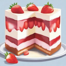 A detailed illustration of a dessert from bottom to top: a layer of diced strawberries, followed by a layer of graham cracker crust, then a layer of creamy cheesecake filling, and topped with more diced strawberries