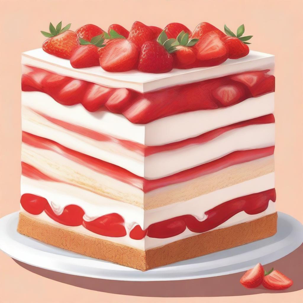 A detailed illustration of a dessert from bottom to top: a layer of diced strawberries, followed by a layer of graham cracker crust, then a layer of creamy cheesecake filling, and topped with more diced strawberries