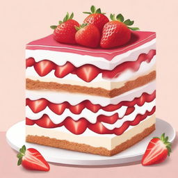 A detailed illustration of a dessert from bottom to top: a layer of diced strawberries, followed by a layer of graham cracker crust, then a layer of creamy cheesecake filling, and topped with more diced strawberries