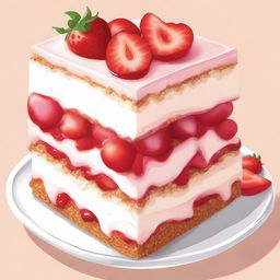 A detailed illustration of a dessert from bottom to top: a layer of diced strawberries, followed by a layer of graham cracker crust, then a layer of creamy cheesecake filling, and topped with more diced strawberries