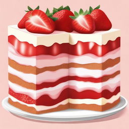 A detailed illustration of a dessert from bottom to top: a layer of diced strawberries, followed by a layer of graham cracker crust, then a layer of creamy cheesecake filling, and topped with more diced strawberries