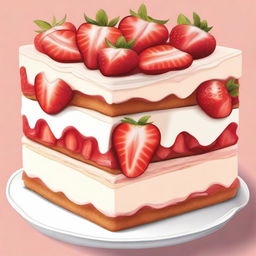 A detailed illustration of a dessert from bottom to top: a layer of diced strawberries, followed by a layer of graham cracker crust, then a layer of creamy cheesecake filling, and topped with more diced strawberries