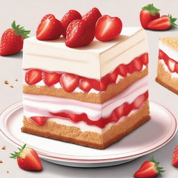 A detailed illustration of a dessert from bottom to top: a layer of diced strawberries, followed by a layer of graham cracker crust, then a layer of creamy cheesecake filling, and topped with more diced strawberries