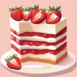 A detailed illustration of a dessert from bottom to top: a layer of diced strawberries, followed by a layer of graham cracker crust, then a layer of creamy cheesecake filling, and topped with more diced strawberries