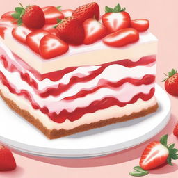 A detailed illustration of a dessert from bottom to top: a layer of diced strawberries, followed by a layer of graham cracker crust, then a layer of creamy cheesecake filling, and topped with more diced strawberries