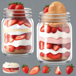 A detailed illustration of a dessert inside a mason jar from bottom to top: a layer of diced strawberries, followed by a layer of graham cracker crust, then a layer of creamy cheesecake filling, and topped with more diced strawberries