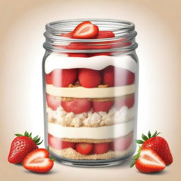 A detailed illustration of a dessert inside a mason jar from bottom to top: a layer of diced strawberries, followed by a layer of graham cracker crust, then a layer of creamy cheesecake filling, and topped with more diced strawberries