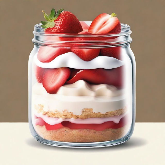 A detailed illustration of a dessert inside a mason jar from bottom to top: a layer of diced strawberries, followed by a layer of graham cracker crust, then a layer of creamy cheesecake filling, and topped with more diced strawberries