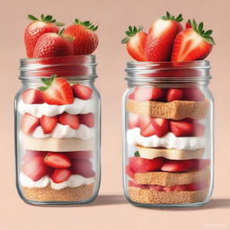 A detailed illustration of a dessert inside a mason jar from bottom to top: a layer of diced strawberries, followed by a layer of graham cracker crust, then a layer of creamy cheesecake filling, and topped with more diced strawberries