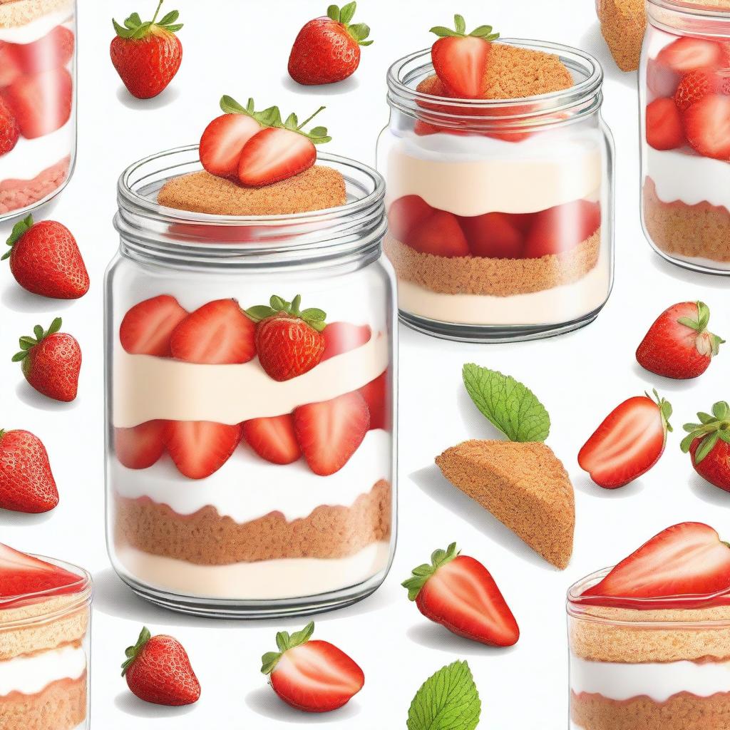 A detailed illustration of a dessert inside a mason jar from bottom to top: a layer of diced strawberries, followed by a layer of graham cracker crust, then a layer of creamy cheesecake filling, and topped with more diced strawberries