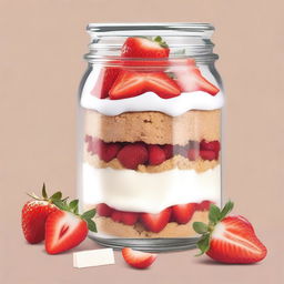 A detailed illustration of a dessert inside a mason jar from bottom to top: a layer of diced strawberries, followed by a layer of graham cracker crust, then a layer of creamy cheesecake filling, and topped with more diced strawberries