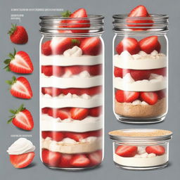 A detailed illustration of a dessert inside a mason jar from bottom to top: a layer of diced strawberries, followed by a layer of graham cracker crust, then a layer of creamy cheesecake filling, and topped with more diced strawberries