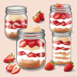 A detailed illustration of a dessert inside a mason jar from bottom to top: a layer of diced strawberries, followed by a layer of graham cracker crust, then a layer of creamy cheesecake filling, and topped with more diced strawberries