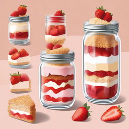 A detailed illustration of a dessert inside a mason jar from bottom to top: a layer of diced strawberries, followed by a layer of crumbled graham cracker crust, then a layer of creamy cheesecake filling, and topped with more diced strawberries