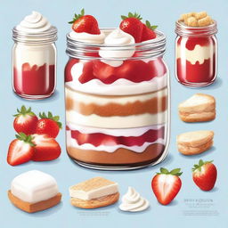 A detailed illustration of a dessert inside a mason jar from bottom to top: a layer of diced strawberries, followed by a layer of crumbled graham cracker crust, then a layer of creamy cheesecake filling, and topped with more diced strawberries