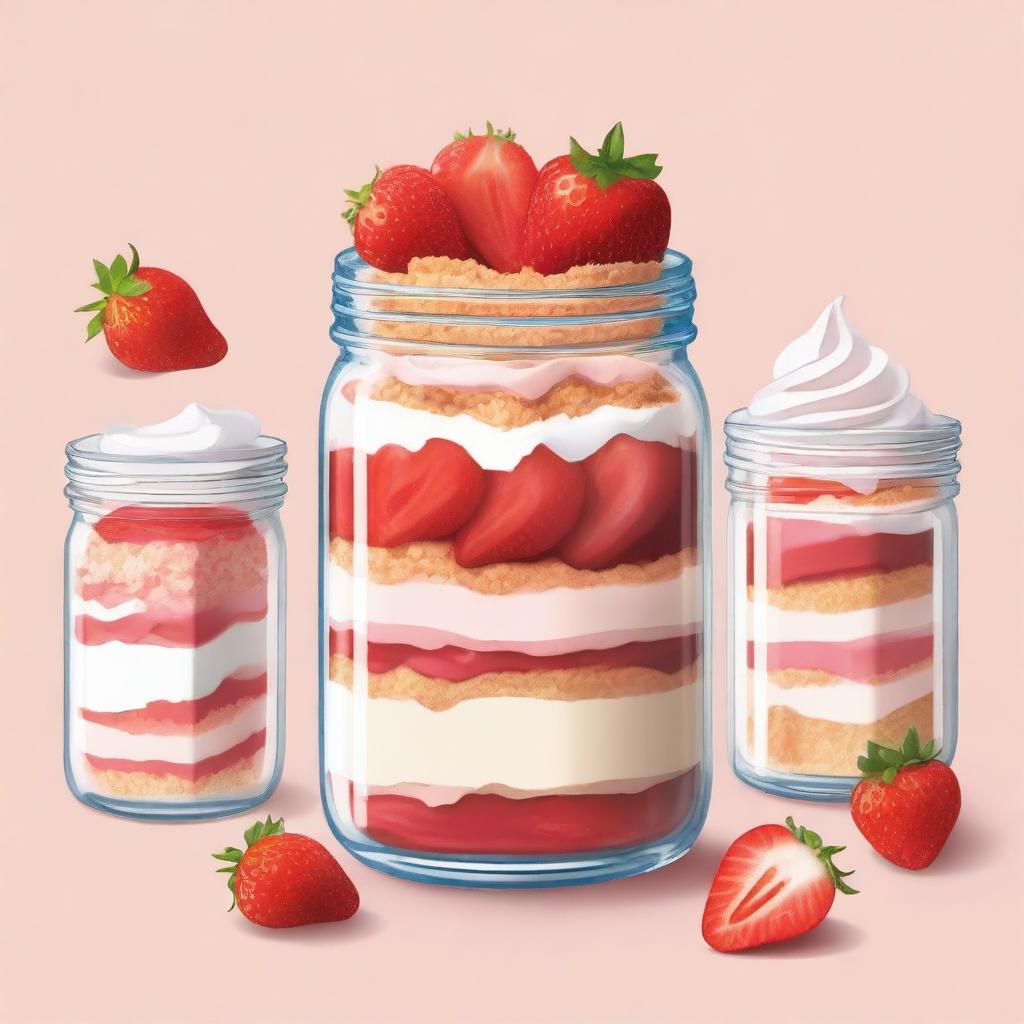 A detailed illustration of a dessert inside a mason jar from bottom to top: a layer of diced strawberries, followed by a layer of crumbled graham cracker crust, then a layer of creamy cheesecake filling, and topped with more diced strawberries