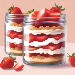 A detailed illustration of a dessert inside a mason jar from bottom to top: a layer of diced strawberries, followed by a layer of crumbled graham cracker crust, then a layer of creamy cheesecake filling, and topped with more diced strawberries