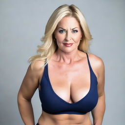 A woman in her 40s with a plump body, big breasts, and some wrinkles due to age