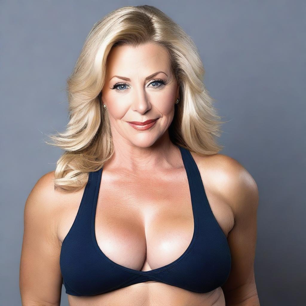 A woman in her 40s with a plump body, big breasts, and some wrinkles due to age