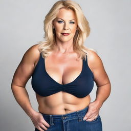 A woman in her 40s with a plump body, big breasts, and some wrinkles due to age