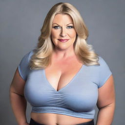 A woman in her 40s with a plump body, huge breasts, and some wrinkles due to age