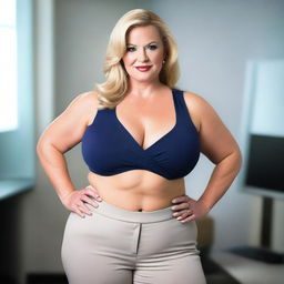 A woman in her 40s with a plump body, huge breasts, and some wrinkles due to age