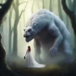 Create a book cover featuring a woman in a wedding dress standing next to a monstrous creature