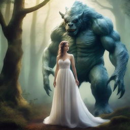 Create a book cover featuring a woman in a wedding dress standing next to a monstrous creature