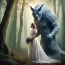 Create a book cover featuring a woman in a wedding dress standing next to a monstrous creature