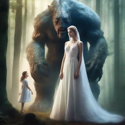 Create a book cover featuring a woman in a wedding dress standing next to a monstrous creature