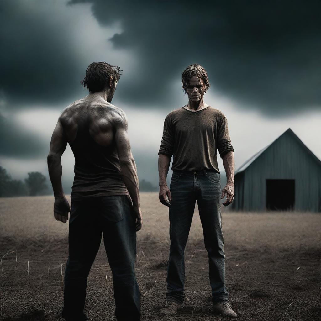 Create a dramatic scene featuring a farm boy transforming into a demon