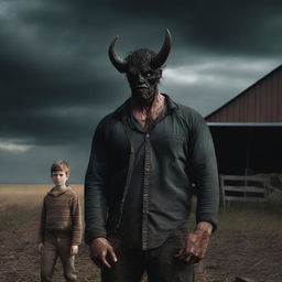 Create a dramatic scene featuring a farm boy transforming into a demon