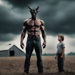 Create a dramatic scene featuring a farm boy transforming into a demon