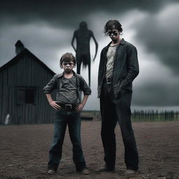 Create a dramatic scene featuring a farm boy transforming into a demon