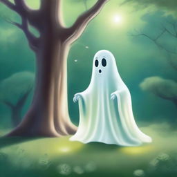 A whimsical and heartwarming scene featuring a friendly ghost in a beautiful, serene environment