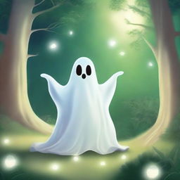 A whimsical and heartwarming scene featuring a friendly ghost in a beautiful, serene environment