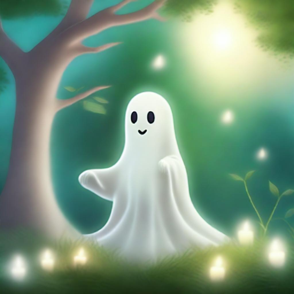 A whimsical and heartwarming scene featuring a friendly ghost in a beautiful, serene environment