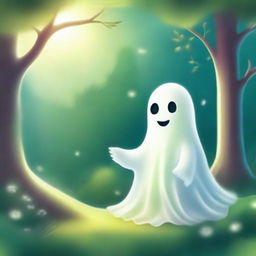 A whimsical and heartwarming scene featuring a friendly ghost in a beautiful, serene environment