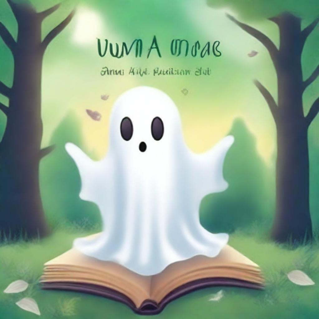 Create a book cover featuring a whimsical and heartwarming scene with a friendly ghost in a beautiful, serene environment