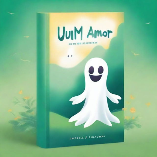 Create a book cover featuring a whimsical and heartwarming scene with a friendly ghost in a beautiful, serene environment