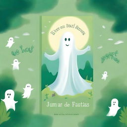 Create a book cover featuring a whimsical and heartwarming scene with a friendly ghost in a beautiful, serene environment