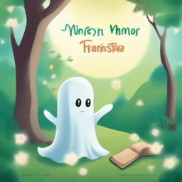 Create a book cover featuring a whimsical and heartwarming scene with a friendly ghost in a beautiful, serene environment