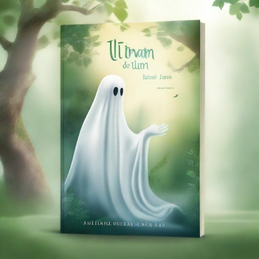 Create a realistic book cover featuring a heartwarming scene with a friendly ghost in a serene environment