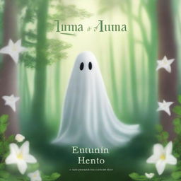 Create a realistic book cover featuring a heartwarming scene with a friendly ghost in a serene environment