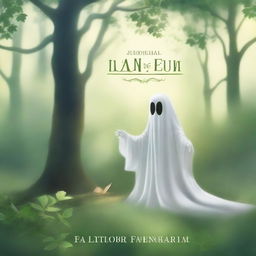 Create a realistic book cover featuring a heartwarming scene with a friendly ghost in a serene environment