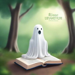 Create a realistic book cover featuring a heartwarming scene with a friendly ghost in a serene environment