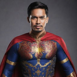 A superhero originating from Malaysia, adorned in a costume blending traditional Malay attire and motifs, possessing unique powers derived from Malaysian legends and mythology