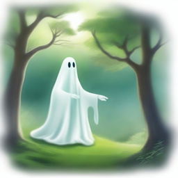 A heartwarming scene featuring a friendly ghost in a serene environment