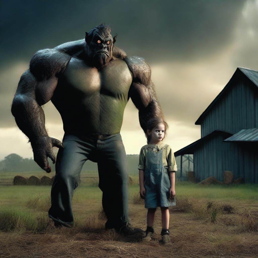 Create a dramatic scene featuring a well-dressed farm boy transforming into a monster